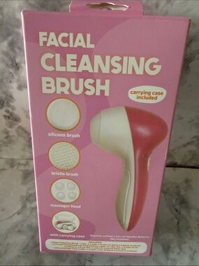 Compact Pink & White Facial Cleansing Brush with Carrying Case